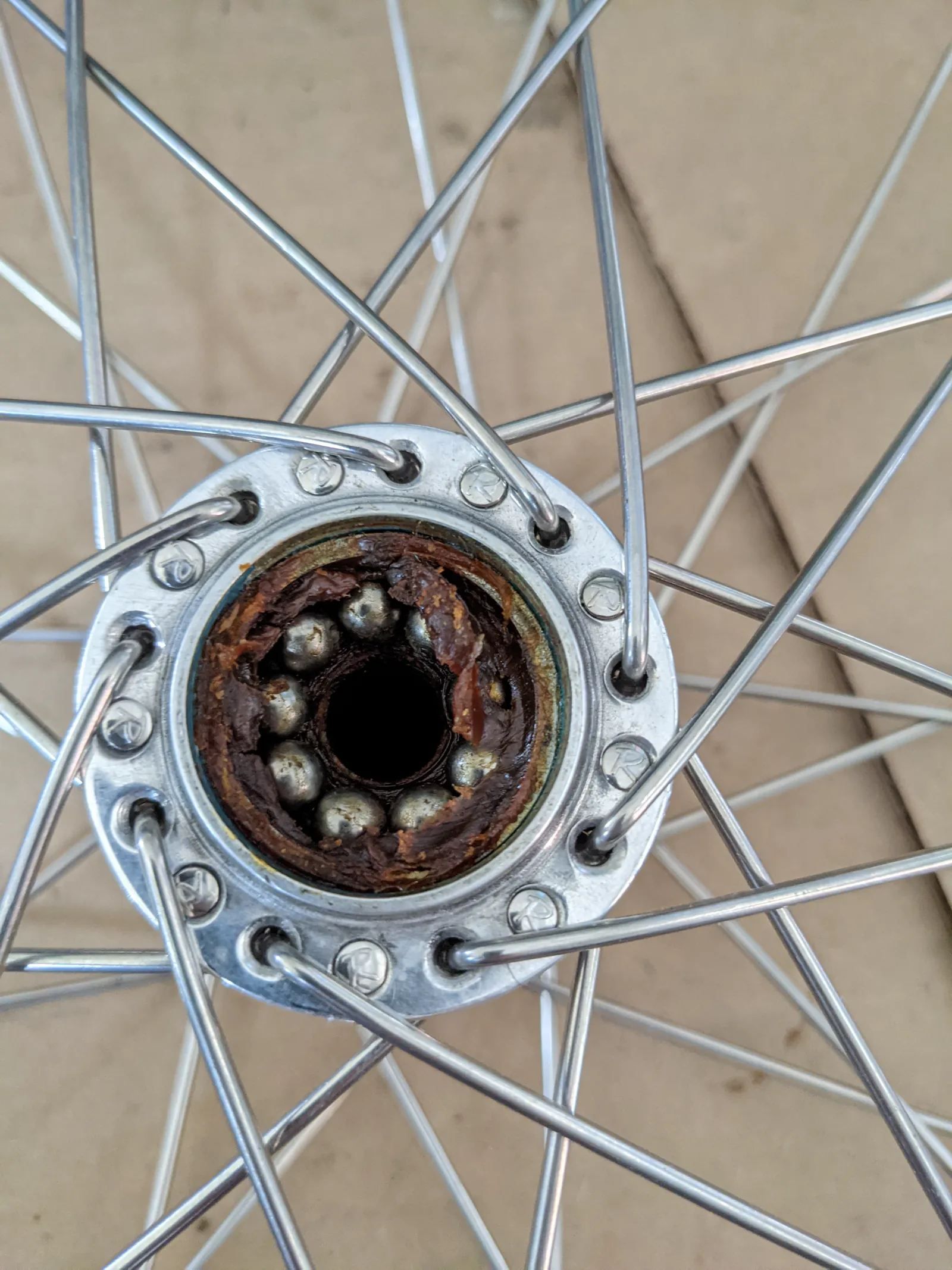 Hub internals laid out during service.