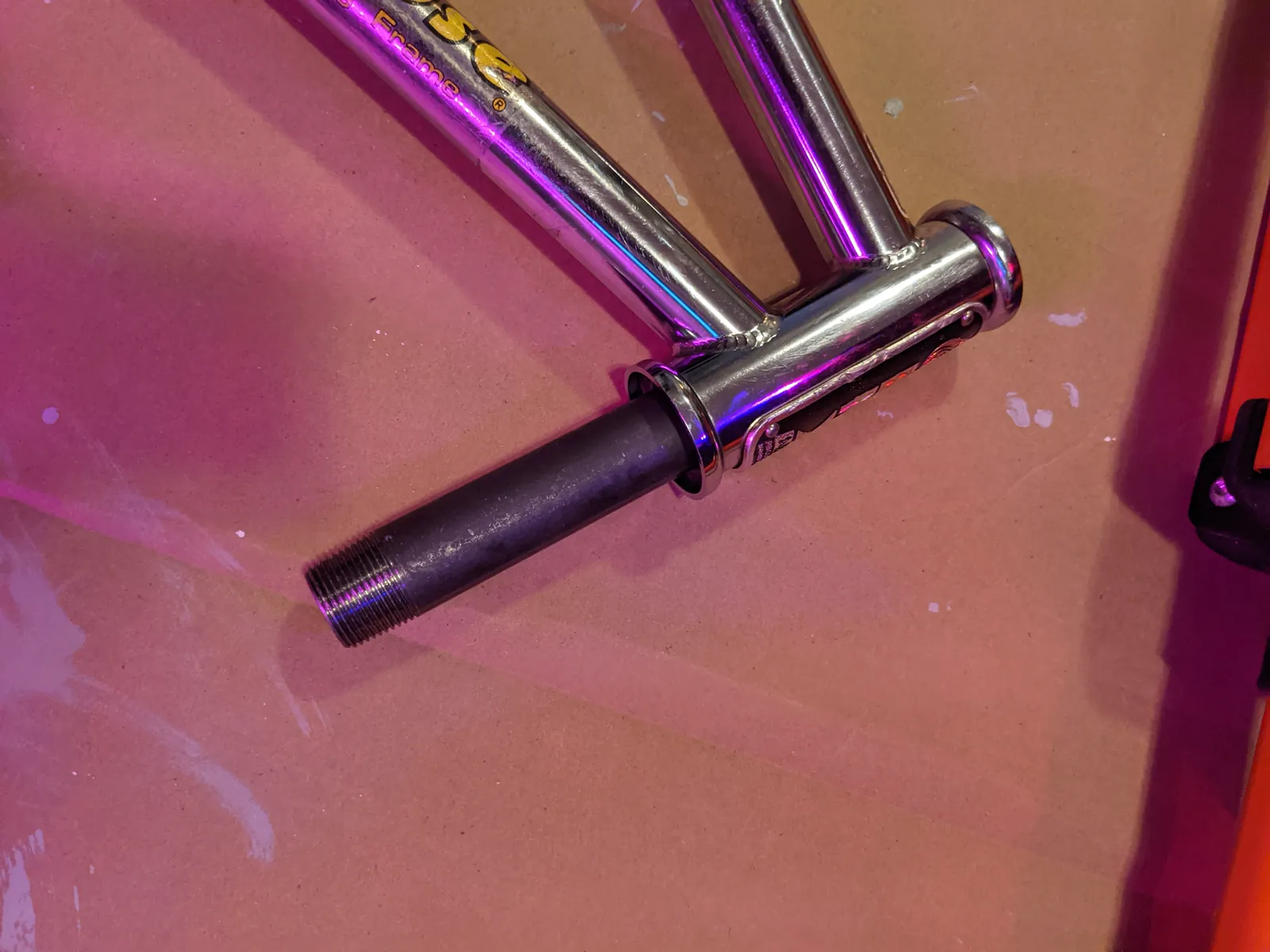 Head tube under inspection.