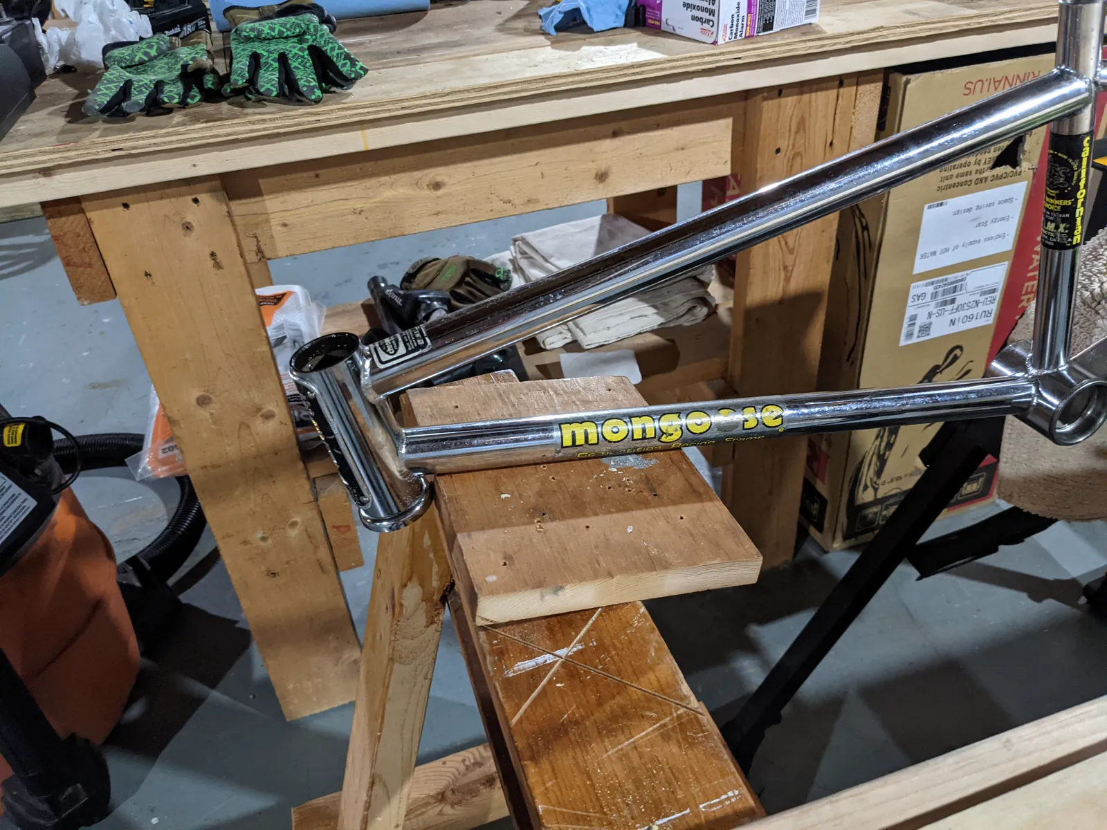 Rear view of the frame held in a fixture.