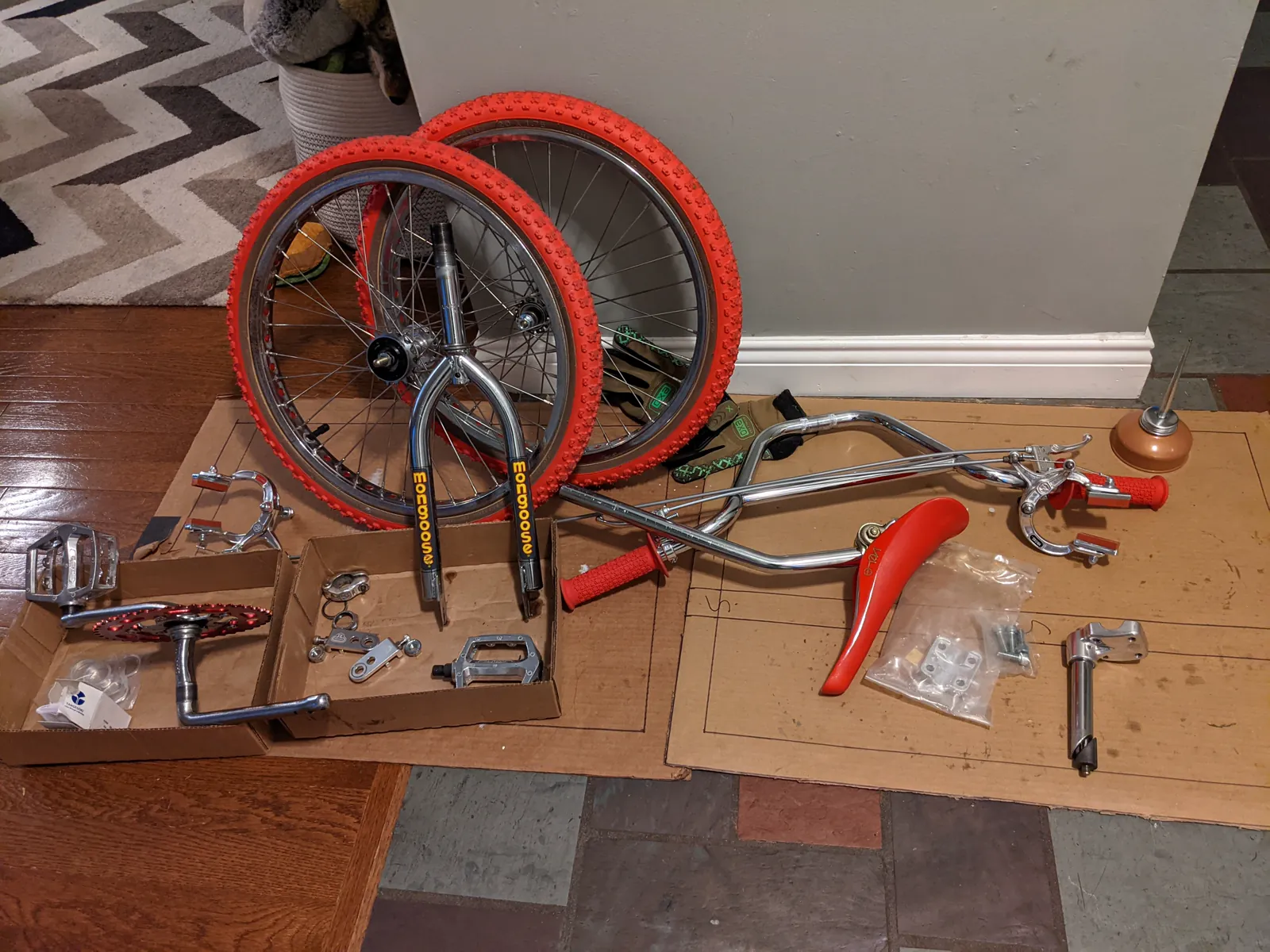 Wheel and axle components laid out together.
