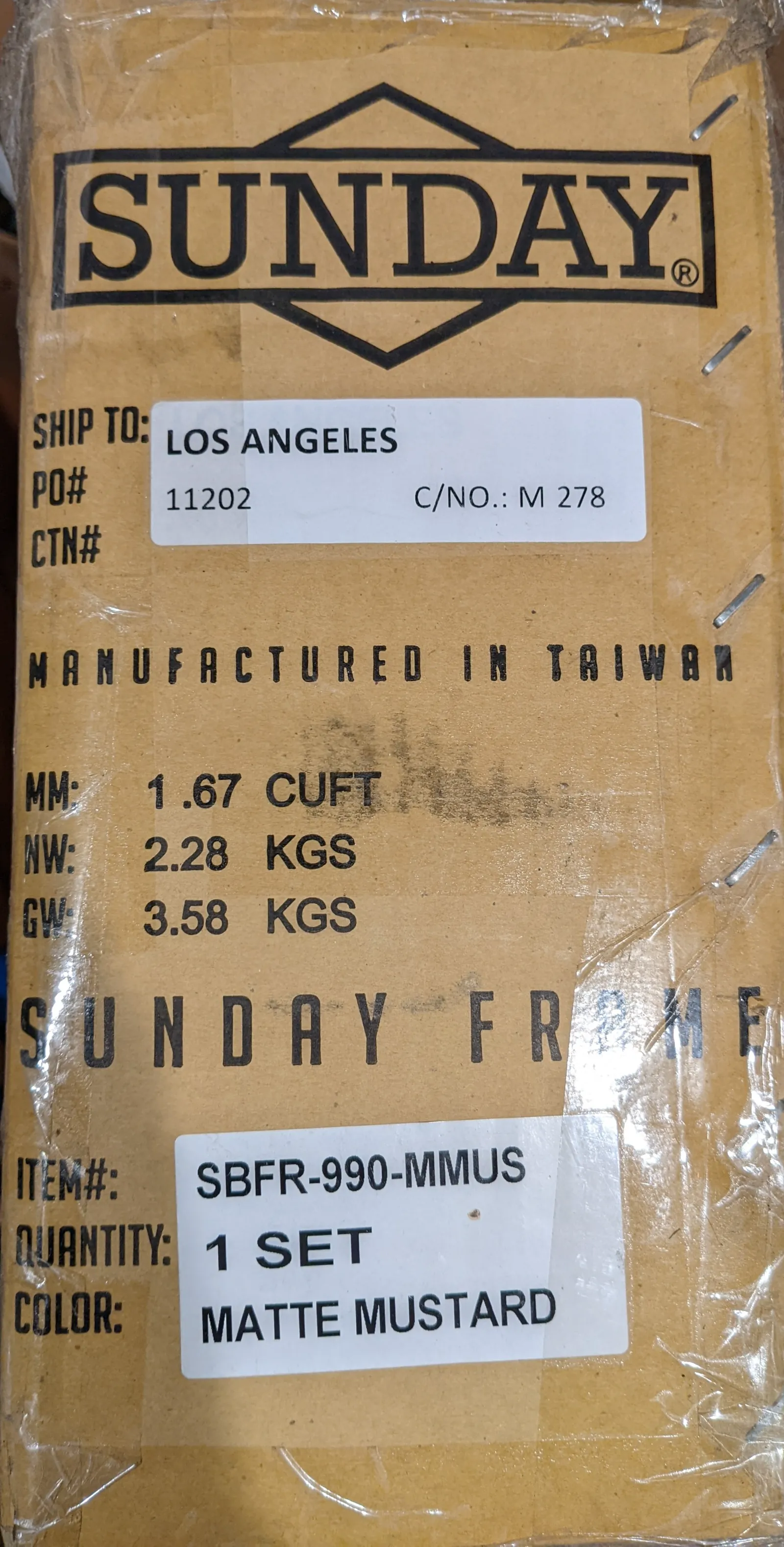 Sunday frame carton label identifying a one-set frame in Matte Mustard.
