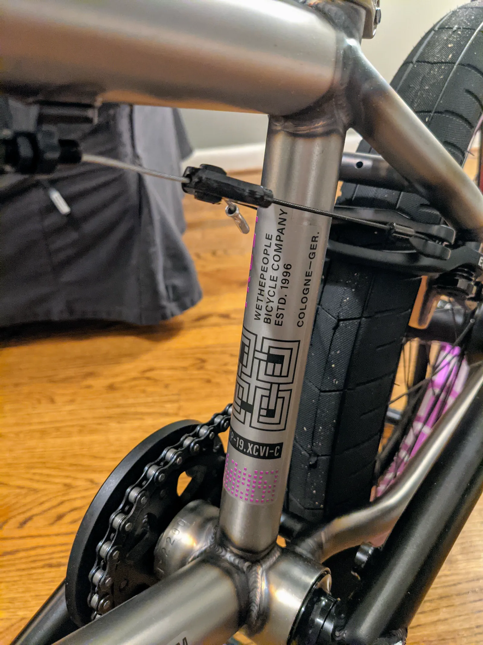 Opposite close detail of the raw WTP frame graphics and rear tire.
