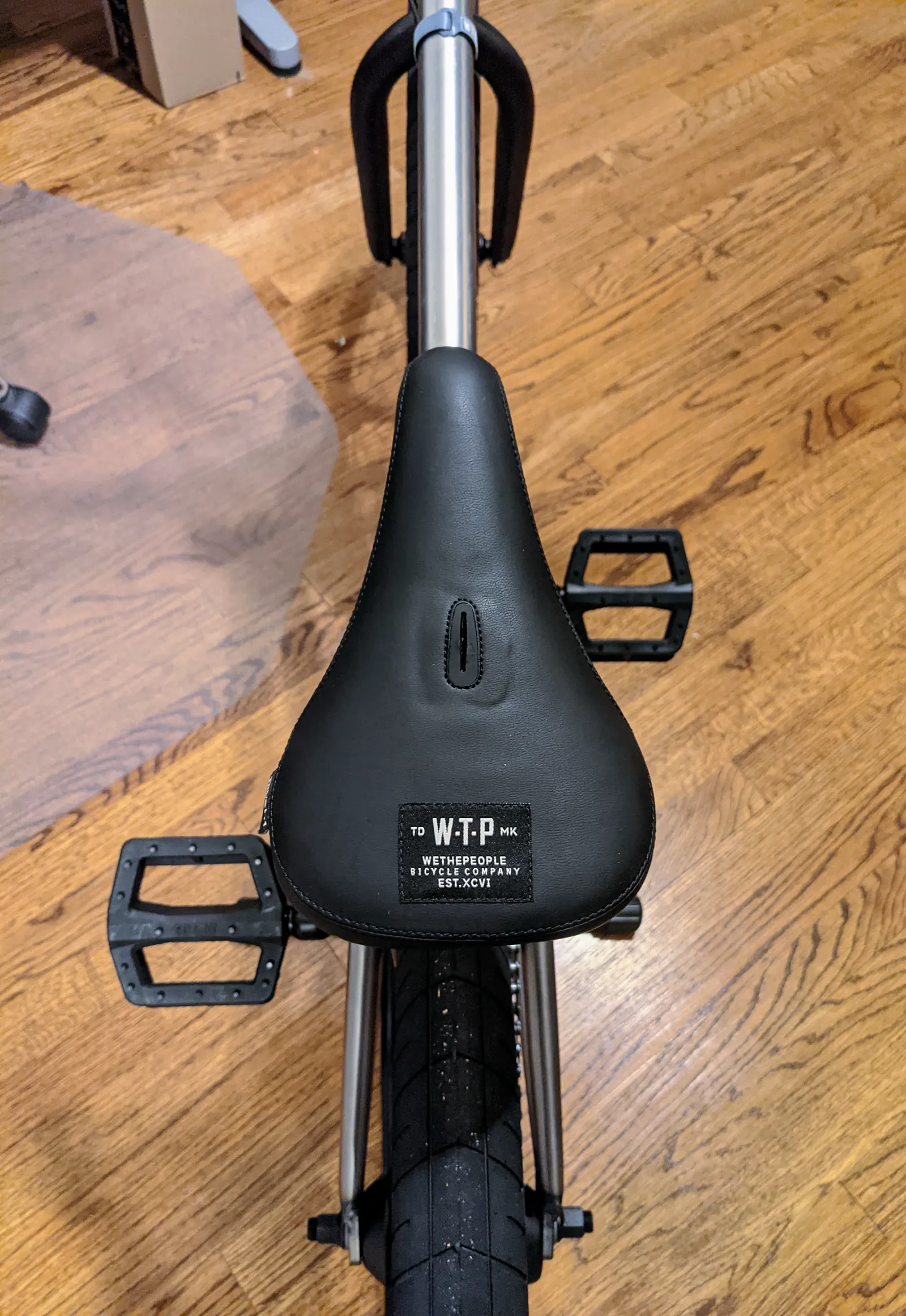 Top-down view along the black WTP saddle and rear tire.