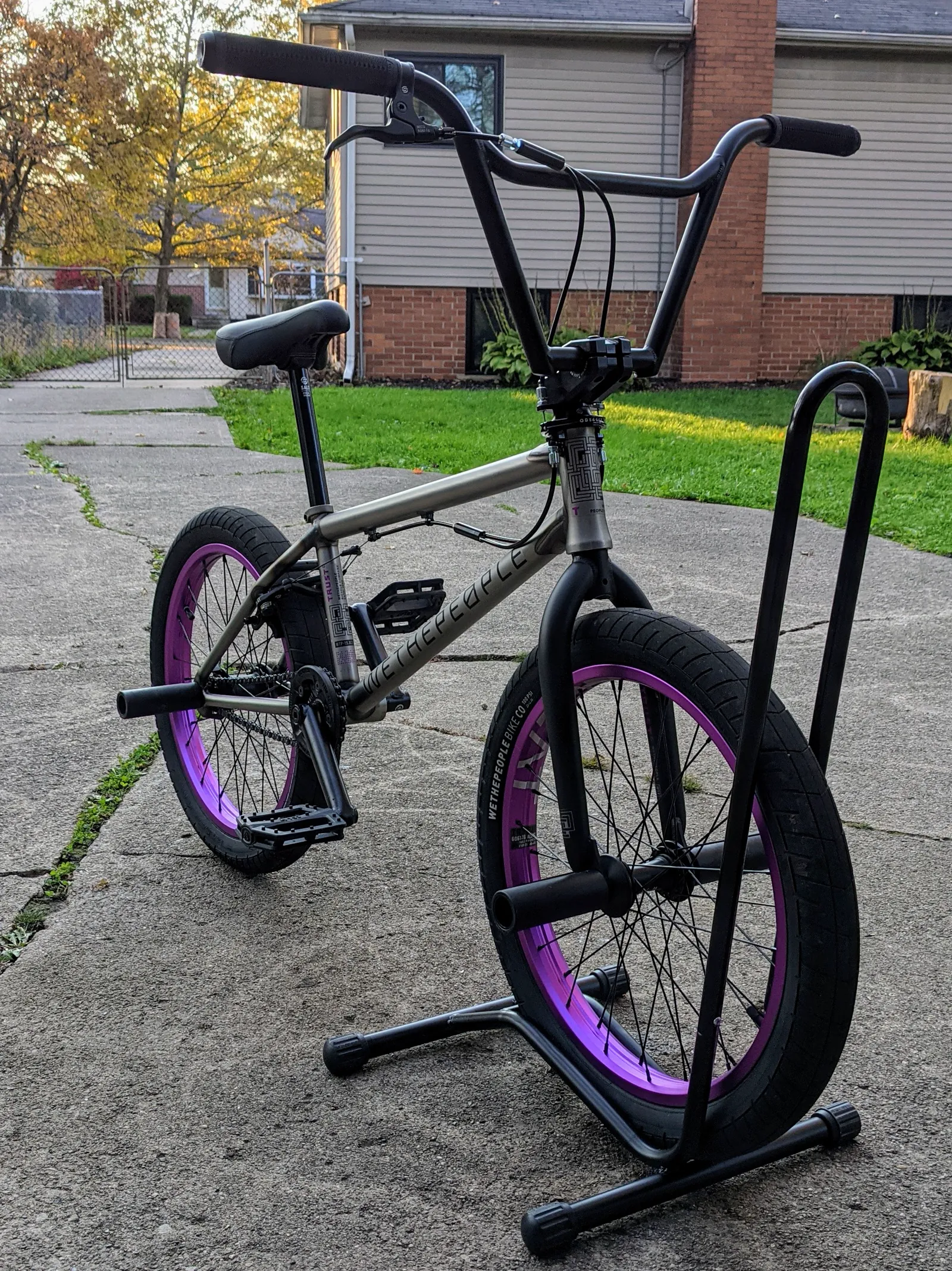 Outdoor front-quarter view of the Trust FC on a stand with purple rims and matching stock pegs.