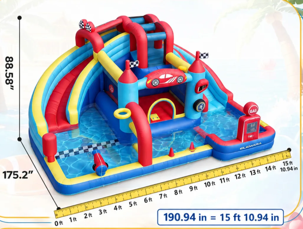 Product rendering of a red, yellow, and blue race-car water bounce castle with front splash basin and inflatable slide.