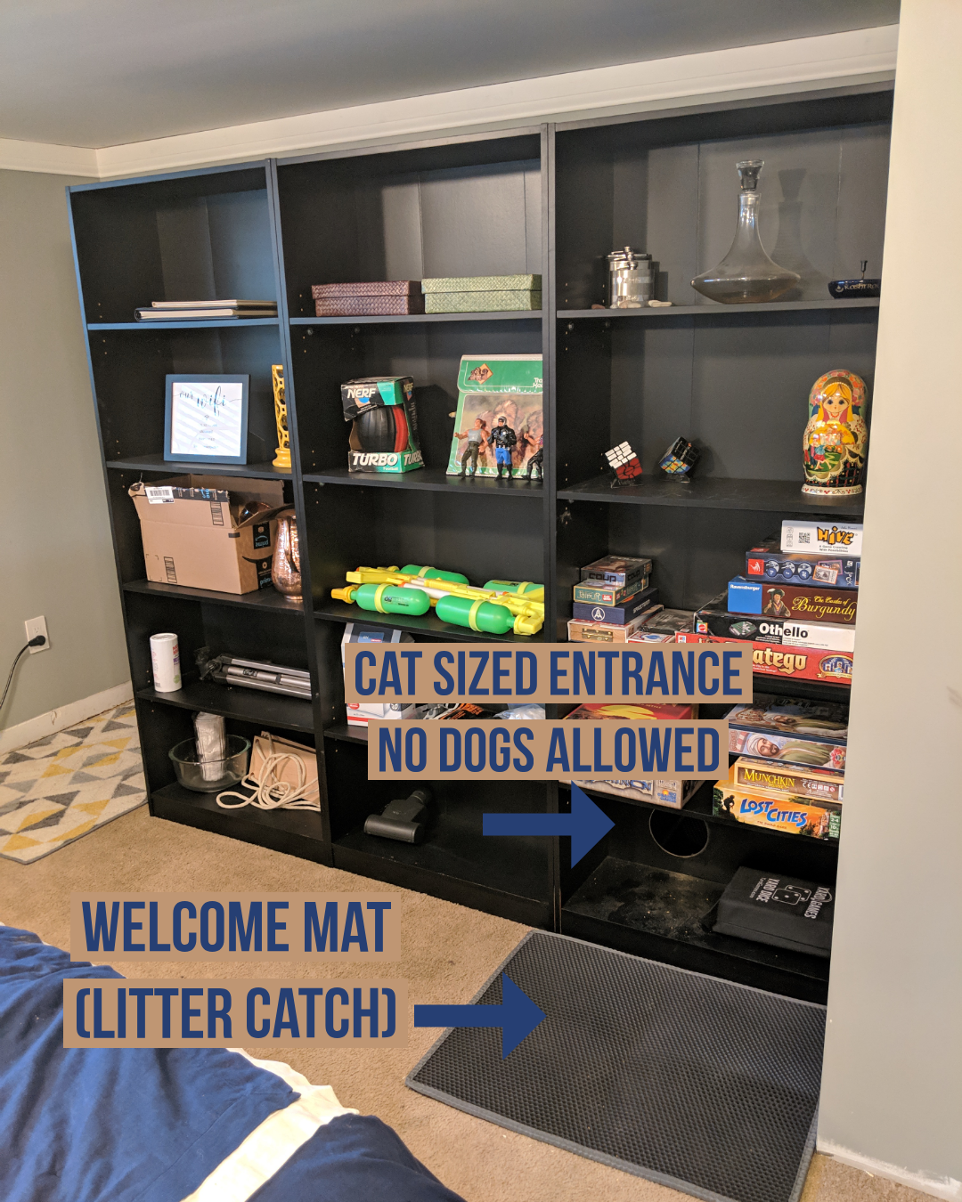 Bookcase with a cat-sized entrance and a litter-catching mat, annotated with arrows.