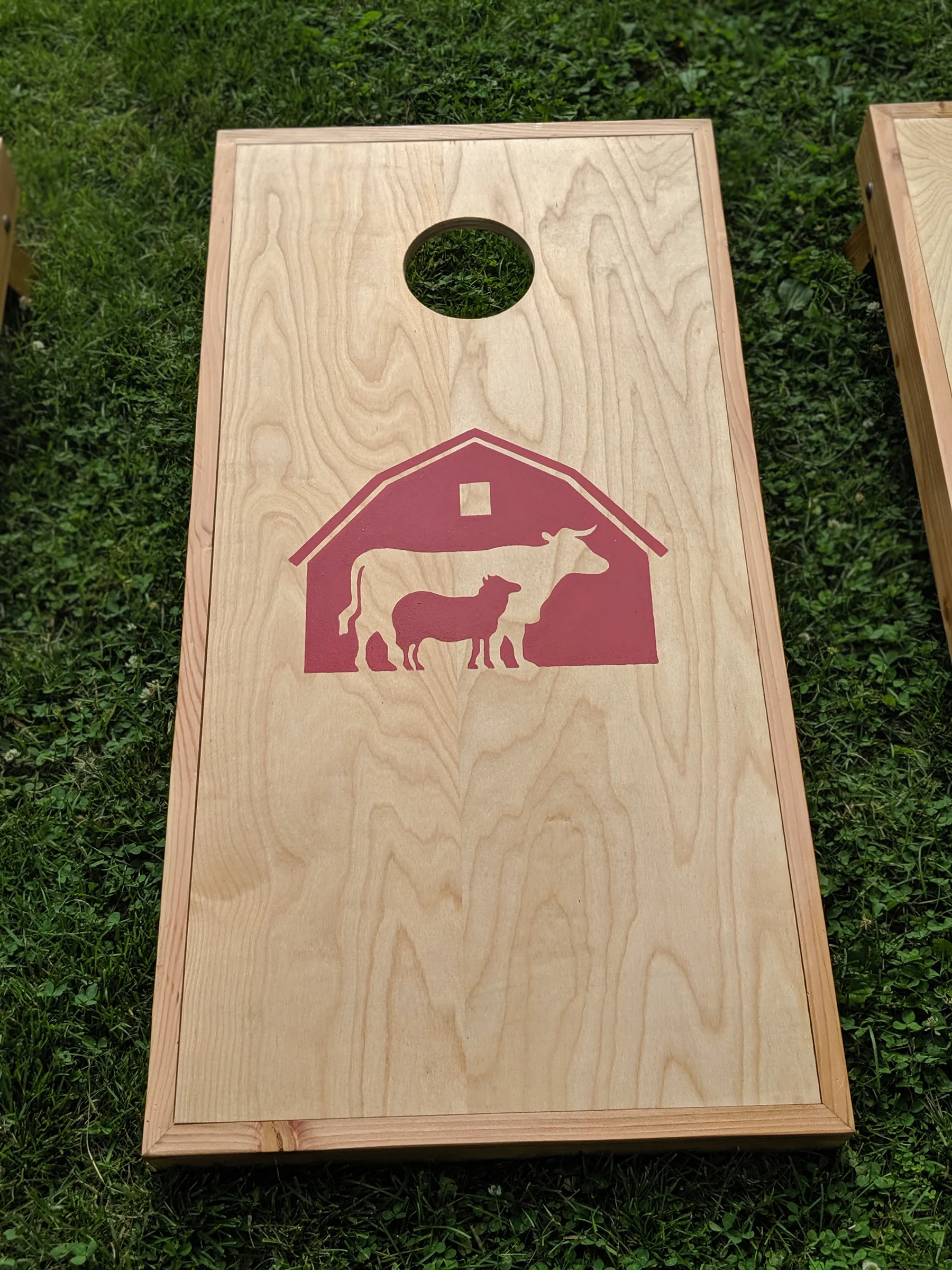 Finished birch cornhole board with a fir frame, circular target, and red emblem.