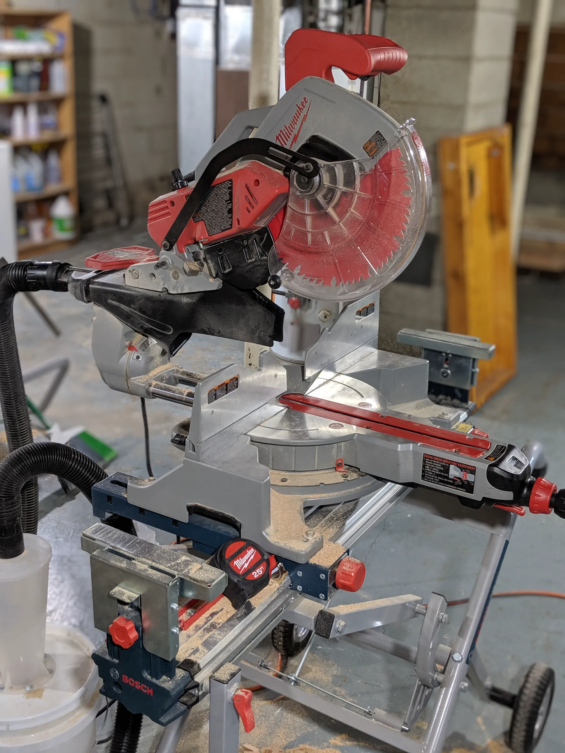 Fir stock positioned at a sliding miter saw for crosscutting.