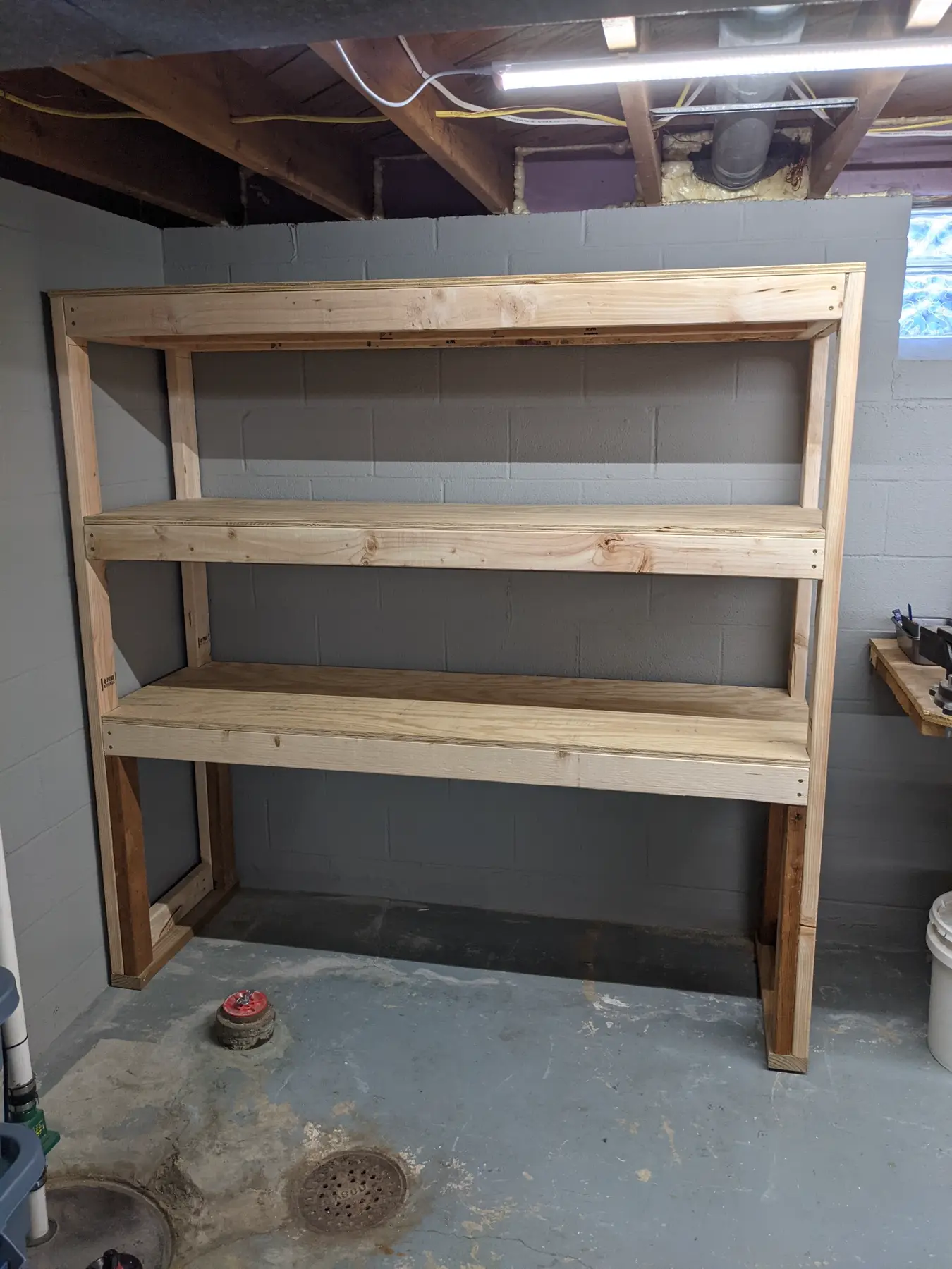 Completed empty supply shelf positioned against the basement wall.