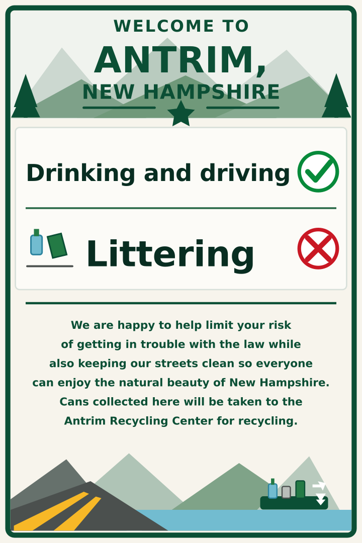 Compact portrait Antrim, New Hampshire sign with a mountain landscape, Drinking and driving beside a green check, Littering beside a red X, and recycling information.